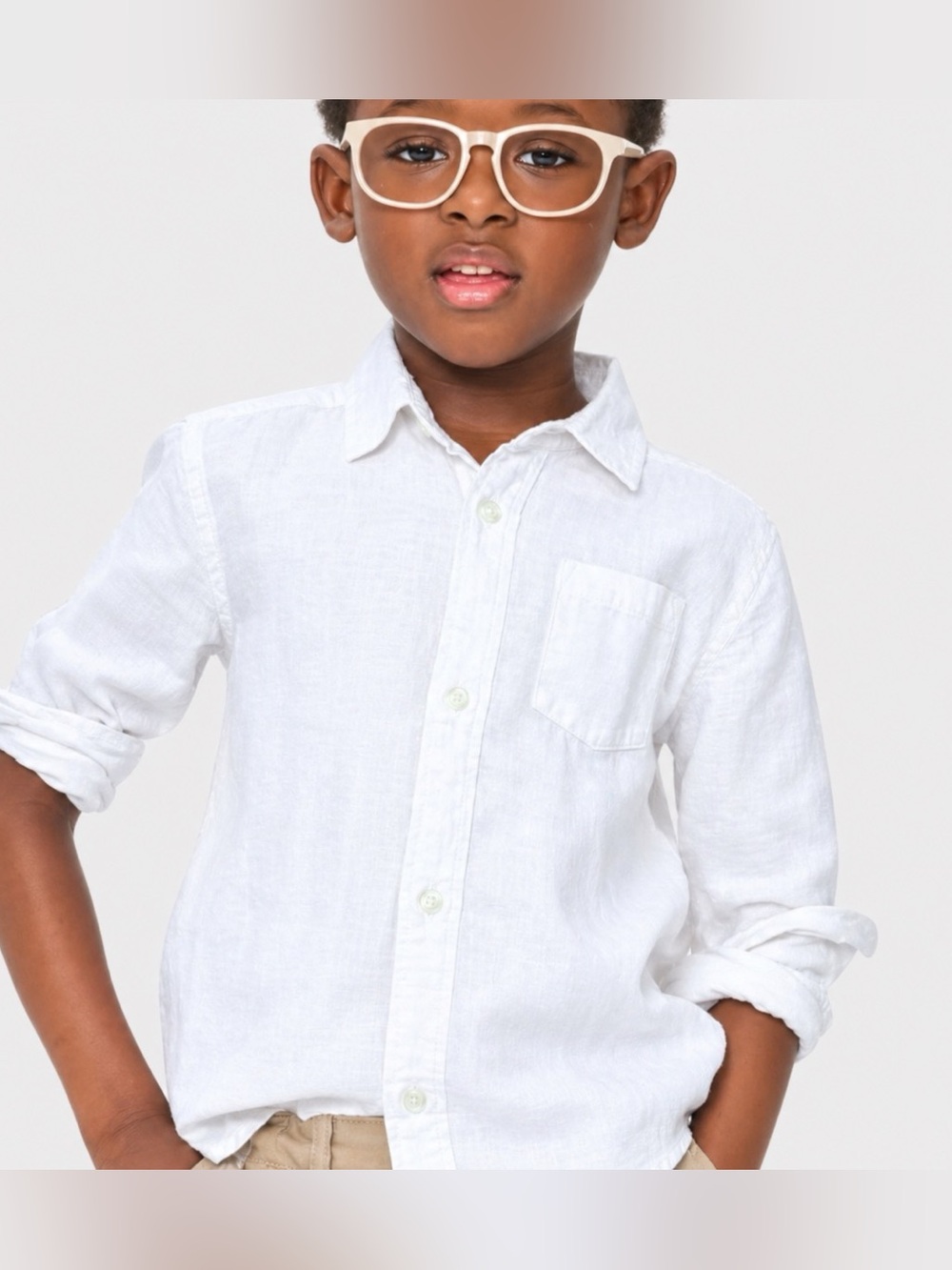 Lightweight Linen Cotton Blend‎ White Button Down Shirt Boys Size L 10-12